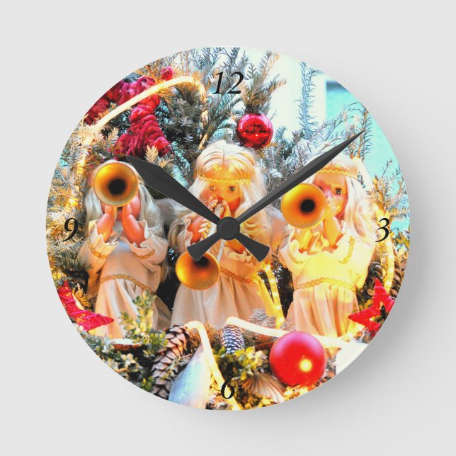 Horloge Ronde joyeux anges de noël trompant (Recto)