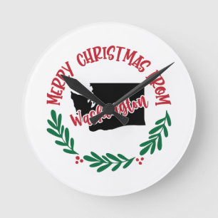 Horloge Ronde Joyeux Noël de Washington US Rouge Vert Blanc