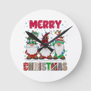 Horloge Ronde Joyeux Noël Gnome Famille Drôle d'Arbre de Noël