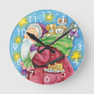 Horloge Ronde Joyeux Noël, le Père Noël avec des chatons et des 