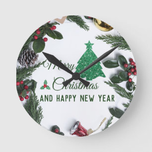 Horloge Ronde Joyeux Noël - parties scintillant verte