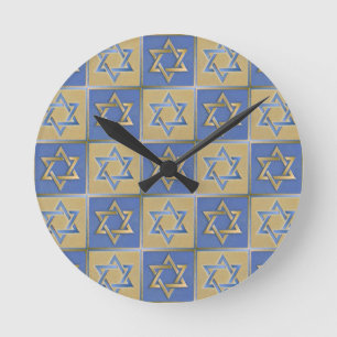 Horloge Ronde Judaica Étoile de David Métal Or Bleu