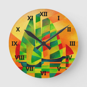 Horloge Ronde Junks chinois, coucher de soleil, voiles et ombres