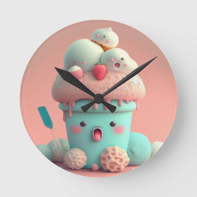 Horloge Ronde Kawaii carnet de crème glacée rose (Recto)