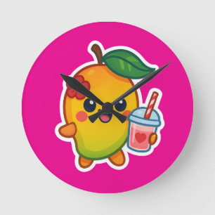 Horloge Ronde Kawaii Mango - Fruit d'amour avec Smoothi de coeur
