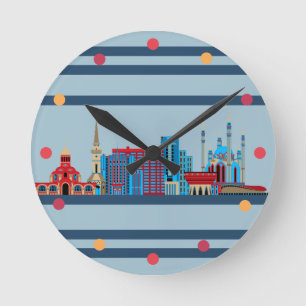 Horloge Ronde Kazan Russie Skyline Neon Bleu Rouge Mur moderne