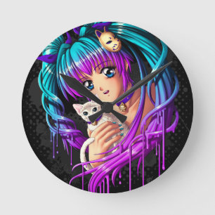Horloge Ronde Kitten and Pigtail Manga Girl