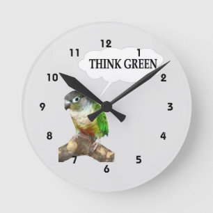 Horloge Ronde La joue verte Conure pensent le vert