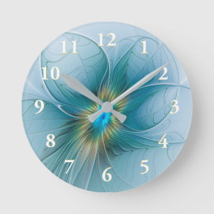 Horloge Ronde La petite fleur fractale moderne bleu or Beauty