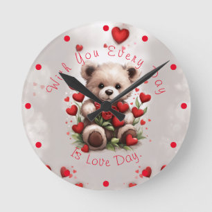 Horloge Ronde La Saint-Valentin Ourson Mignon avec Roses Rouges