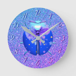 Horloge Ronde Ladybug bleu étoiles parties scintillant mignonne