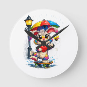 Horloge Ronde Lapin arc-en-ciel mignon avec motif parapluie
