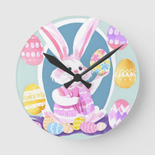 Horloge Ronde lapin avec oeufs de pâques