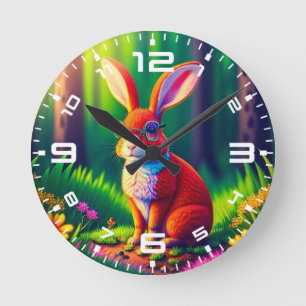 Horloge Ronde Lapin rouge assis sur l'herbe