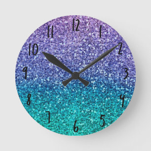 Horloge Ronde Lavender Purple & Teal Aqua Green Sparkly Glitter