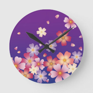 Horloge Ronde Le Sakura s'épanouit en bleu et violet japonais