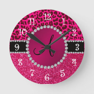 Horloge Ronde Léopard au néon de roses indien de parties