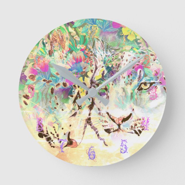 Horloge Ronde Léopard des neiges fleurs tropicales animal hawaïe (Recto)