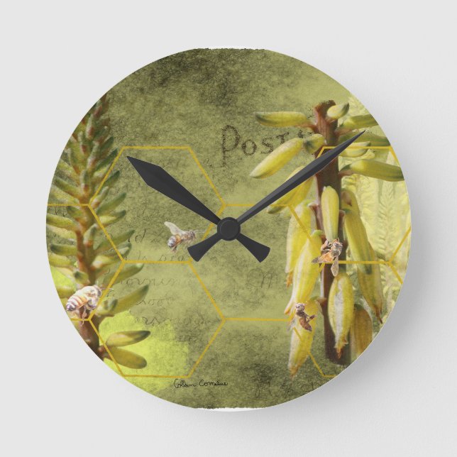 Horloge Ronde Les abeilles sur le Yucca Plante Médias mixtes (Recto)