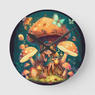 Horloge Ronde Les elfes de champignons dans le champ