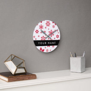 Horloge Ronde Les flocons rouges, Votre nom, Personnalisez
