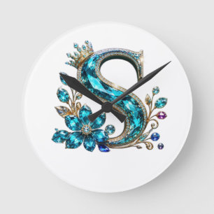 Horloge Ronde Lettre S et couronne de cristal de turquoise