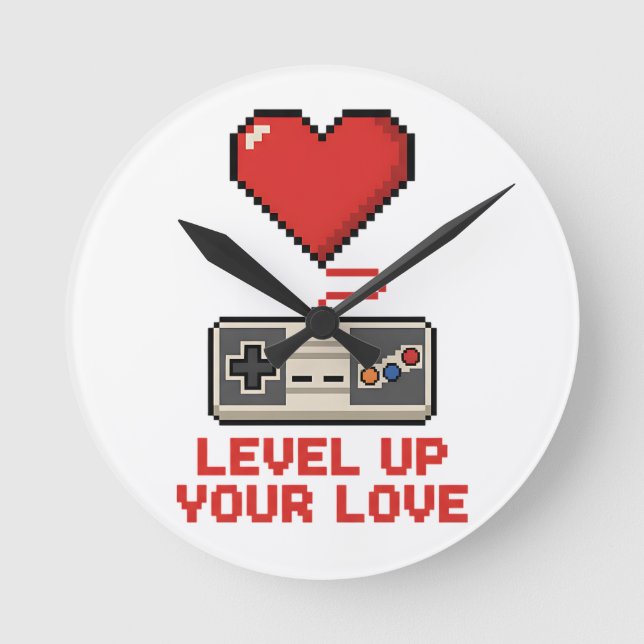 Horloge Ronde Level Up Your Love, Retro Pixel Gaming Design (Recto)