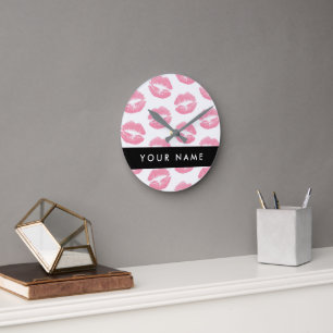 Horloge Ronde Lèvres Roses, Baiser, Baguette à lèvres, Votre Nom