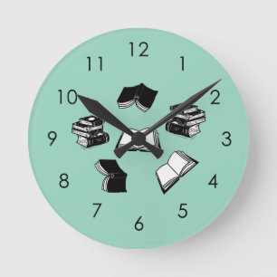 Horloge Ronde Librairie bibliophile turquoise Motif de livre