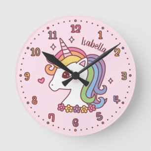 Horloge Ronde Licorne Mignonne Avec Crinière Arc-en-Ciel Décorat