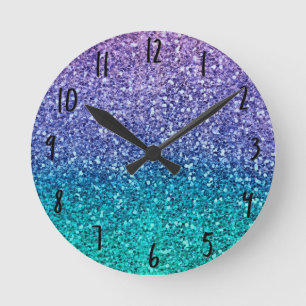 Horloge Ronde Lila Lavande & Vert Aqua Pailleté Scintillant