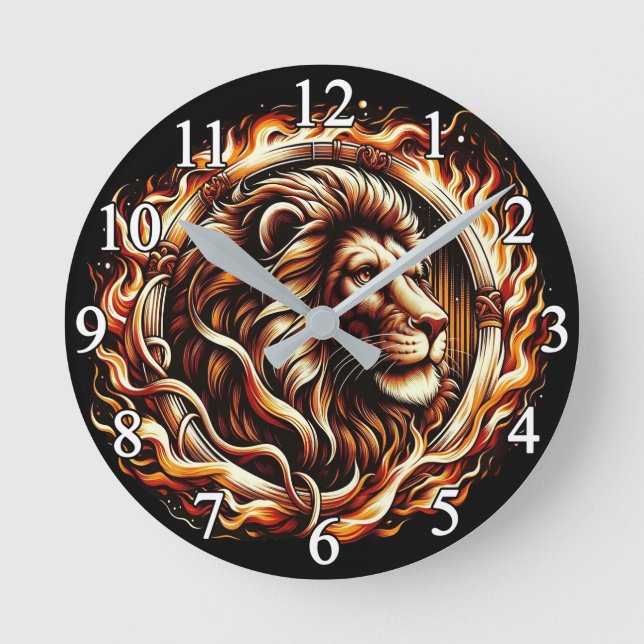 Horloge Ronde Lion flamboyant en anneau d'astrologie des flammes (Recto)