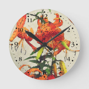 Horloge Ronde Lis lis tigre aquarelle orange 1