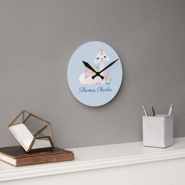 Horloge Ronde Llama Bleu et Blanc avec Fleurs Nom de Bébé  (Bureau)