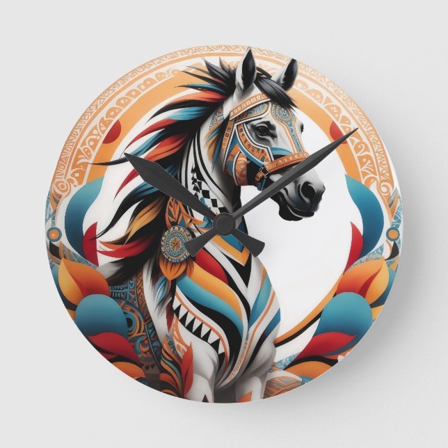 Horloge Ronde logo de l'esprit de cheval tribal (Recto)