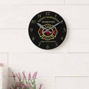Horloge Ronde Logo du service d'incendie Badge noir et or