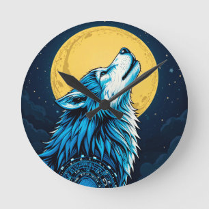 Horloge Ronde Loup bleu mystique hurler à une Pleine lune