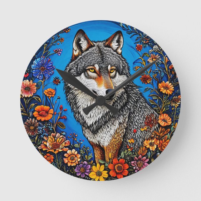Horloge Ronde Loup parmi des fleurs vibrantes (Recto)
