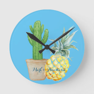 Horloge Ronde Love Blue Pineapple and Cactus