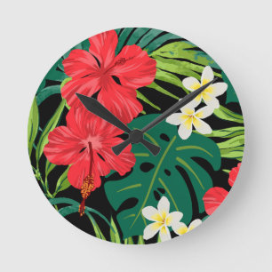 Horloge Ronde Luna Hibiscus Garden Hawaiian - Rouge et Noir