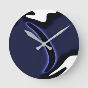 Horloge Ronde Lune bleue : Bleu Abstrait, Blanc & Noir