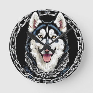 Horloge Ronde Magnifique chien husky aux couleurs audacieuses