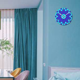 Horloge Ronde Magnifique kaléidoscope bleu fleuri numéroté