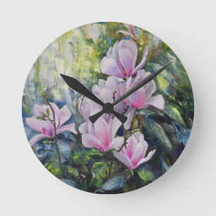 Horloge Ronde Magnolia Serenity - Art Floral de Lukian