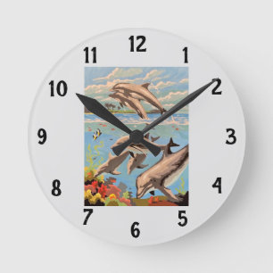 Horloge Ronde Main Painted by Number Dolphins