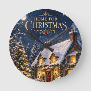 Horloge Ronde Maison Cosy pour Noël, Élégante Maison enneigée