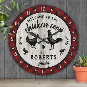Horloge Ronde Maison de campagne rustique Poulet Coop Bois Plaid