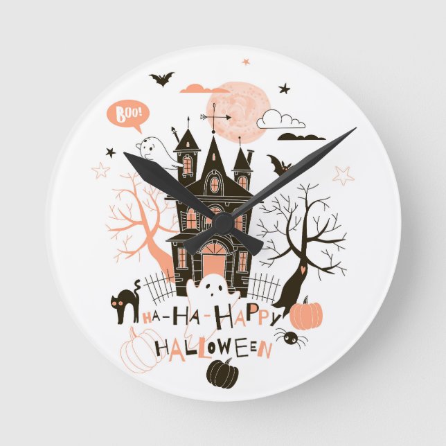 Horloge Ronde Maison hantée "Ha Ha Happy Halloween" (Recto)