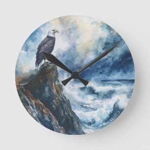 Horloge Ronde Majestic Bald Eagle surplombant l'océan