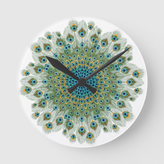Horloge Ronde Mandala coloré de paon masculin (Recto)
